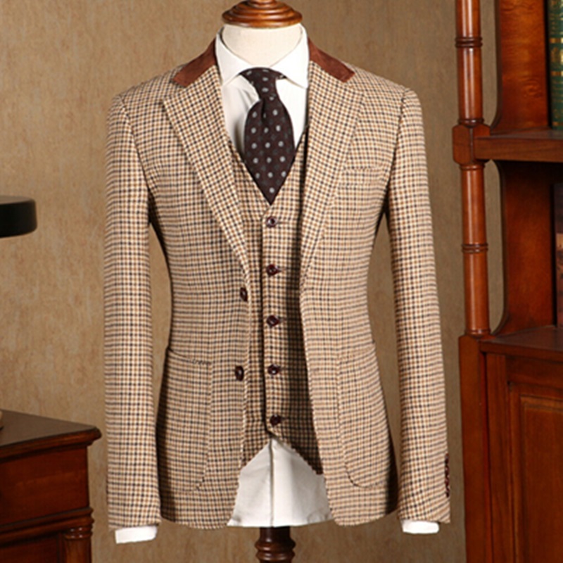 newest khaki houndstooth suits formal wool blend tweed vintage tuxedo mens two button notch lapel bridegroom suits