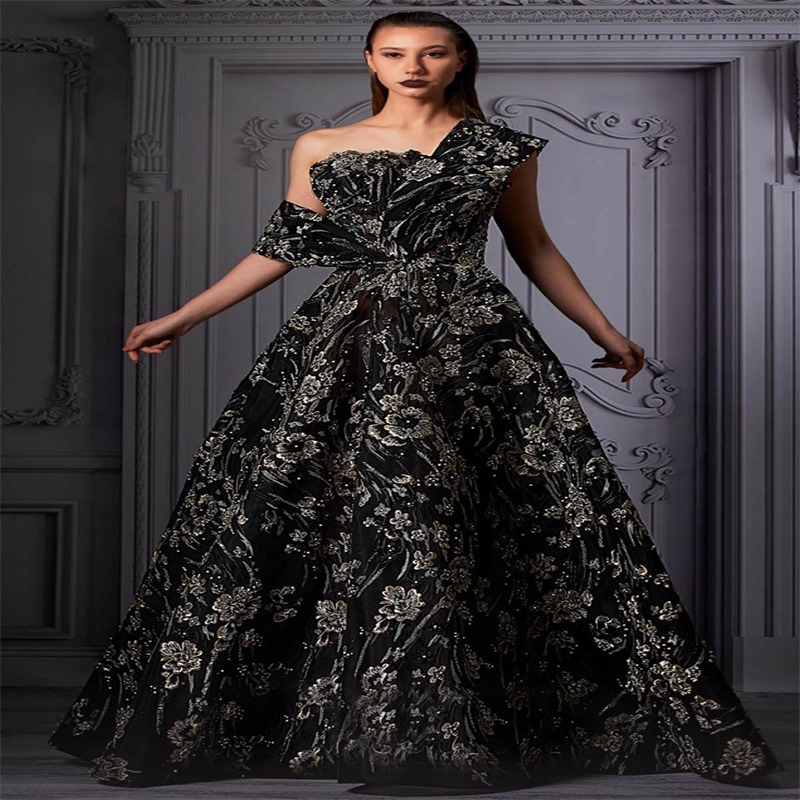 Luxury Black Prom Dresses One-shoulder Sleeveless Lace Appliqued Beads Ruffles Evening Dress Sexy Backless Party Dress robes de soirée