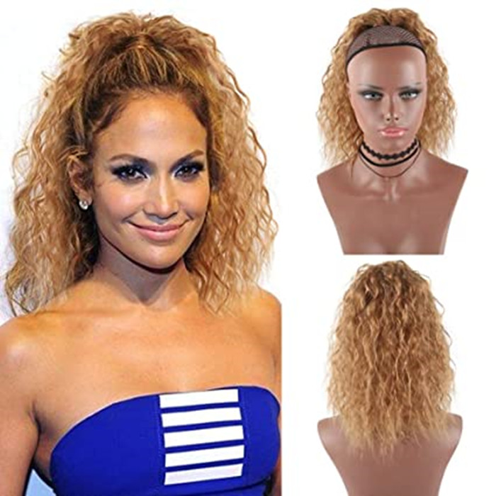 Honey blonde Short Curly Wave Ponytail Extension Drawstring Hair Bun Extension With Two Plastic Combs Hairpiece for Women 14" #27