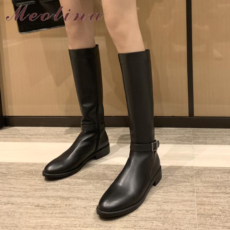 Meotina Knee High Boots Women Shoes Natural Genuine Leather Low Heel Riding Boots Zip Buckle Thick Heels Long Autumn Black