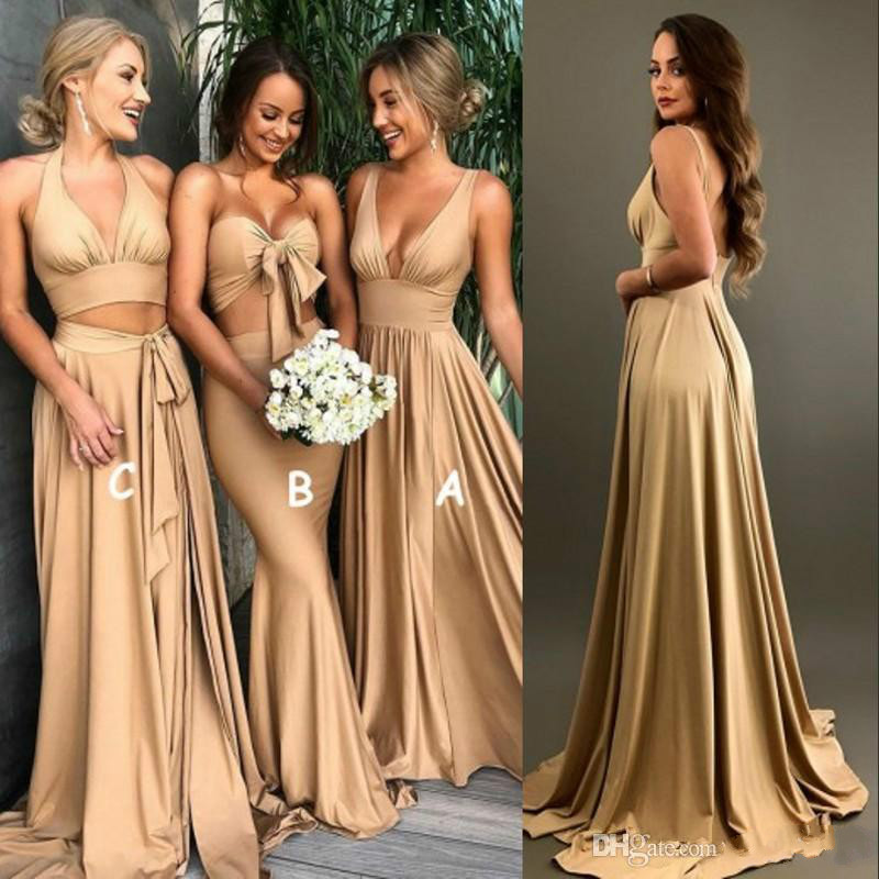 Sexy Gold Bridesmaid Dresses Side-split 2021 A Line V Neck Long Boho Evening Dress Maid of Honor Gowns Plus Size Party Guest Wears