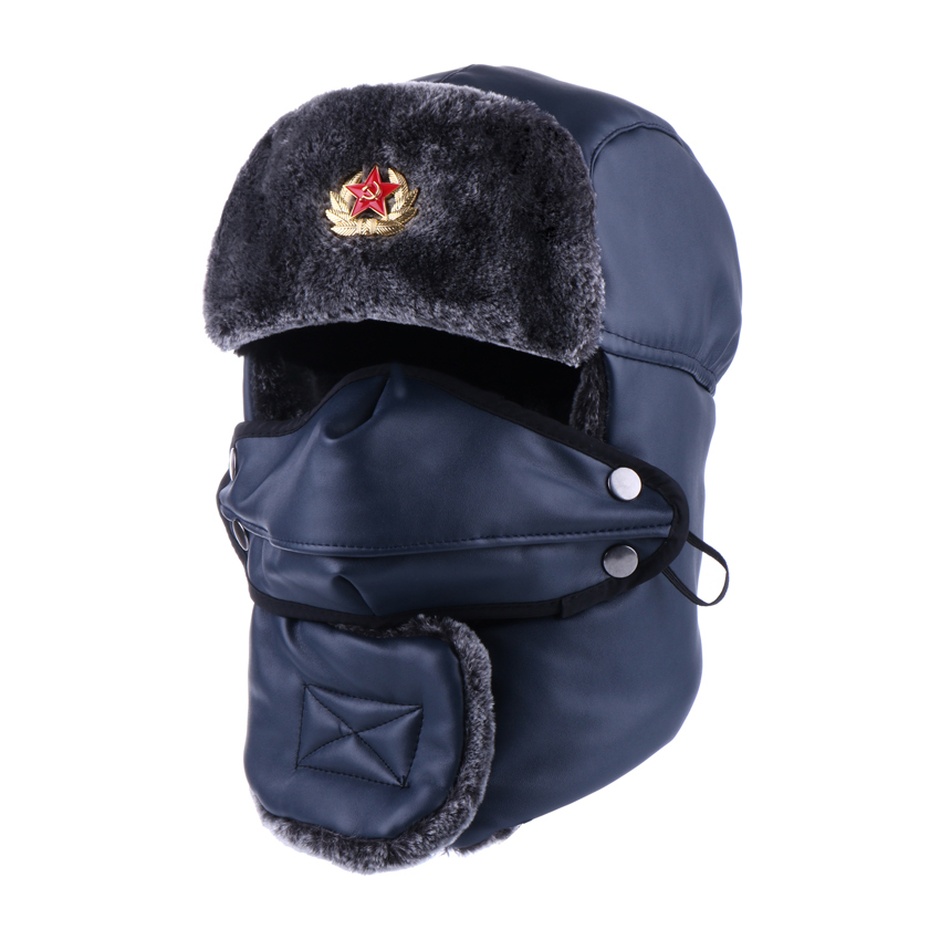 Bomber Hat Russian Ushanka PU Leather Winter Trapper Soviet Badge Army Aviator Trooper Neck Cover Earflap Snow Ski Cap with Mask T200819