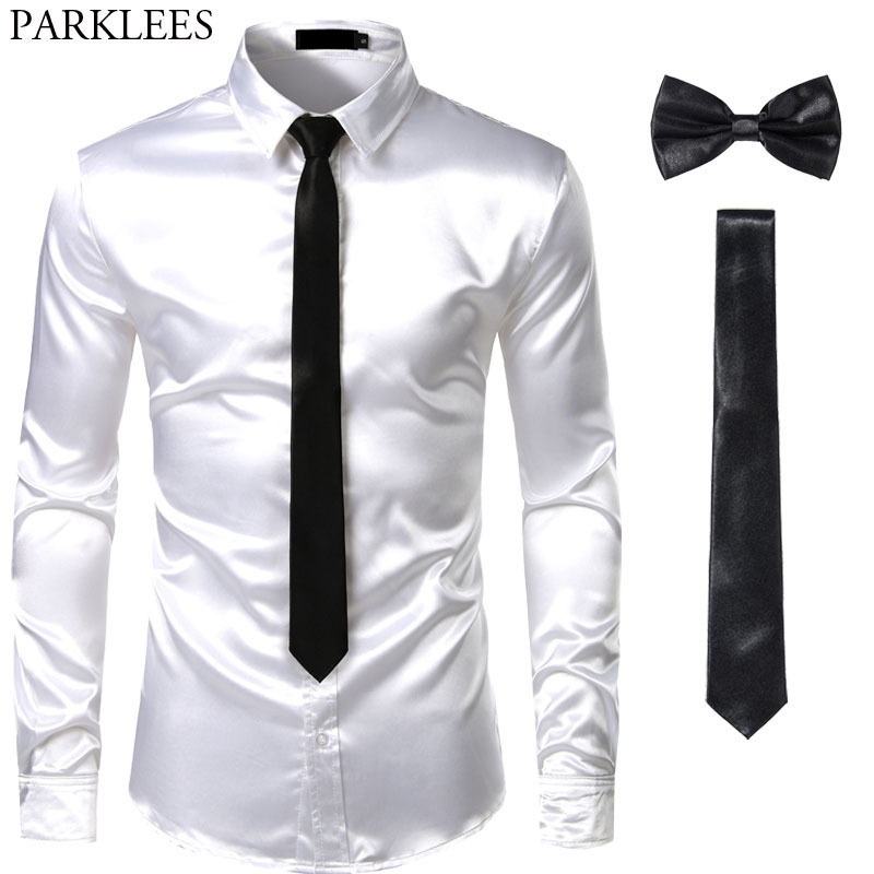 Black Mens Silk Dress Shirts 3Pcs(Shirt +Tie+Bowtie) Smooth Satin Shirt Men Slim Fit Party Prom Casual Shirts Men Social Camisa 200925
