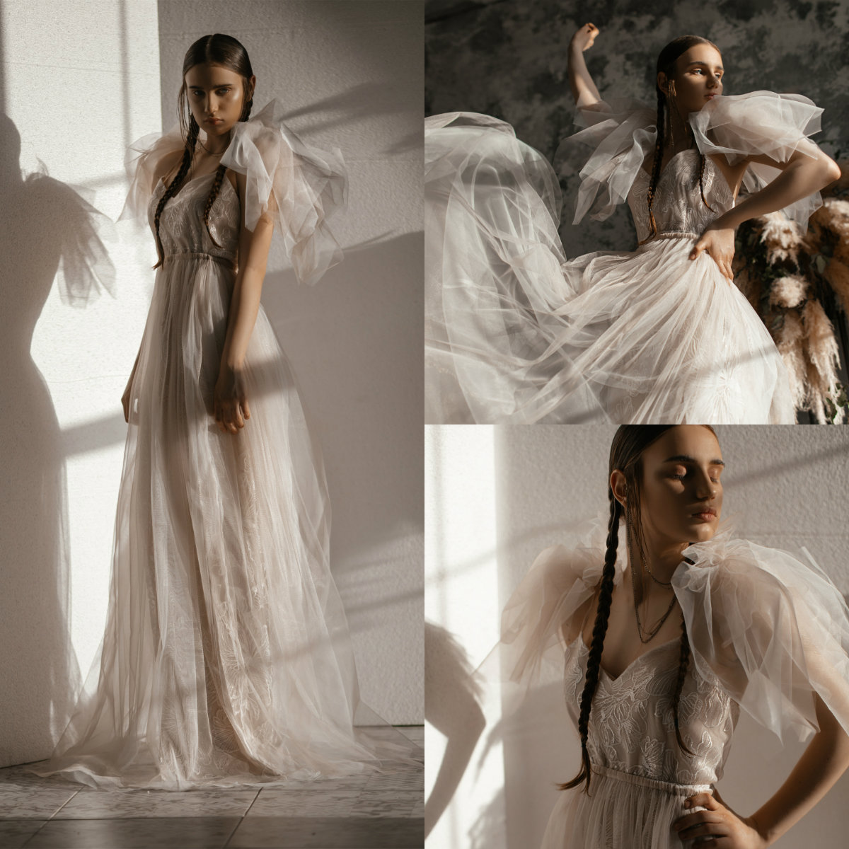 Spaghetti Wedding Dresses Custom Made A Line Designer Neck vestido de novia Scoop Sweep Train Tulle Bridal Gowns Robe