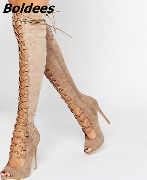 Luxury Black Taupe Suede Lace-up Strappy Over The Knee Boots Peep Toe Cut-out Gladiator Sandals Boots Women High Heel Shoes
Luxury Black Taupe Suede Lace-up Strappy Over The Knee Boots Peep Toe Cut-out Gladiator Sandals Boots Women High Heel Shoes