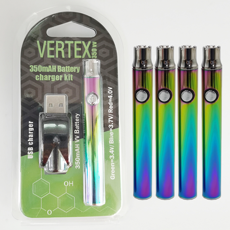 Rainbow VERTEX Preheating Vape Cartridge Battery 350mAh VV 510 Thread Vape Pens Battery Adjustable Voltage 3.4-4.0v Oil Carts Battries
Rainbow VERTEX Preheating Vape Cartridge Battery 350mAh VV 510 Thread Vape Pens Battery Adjustable Voltage 3.4-4.0v Oil Carts Battries