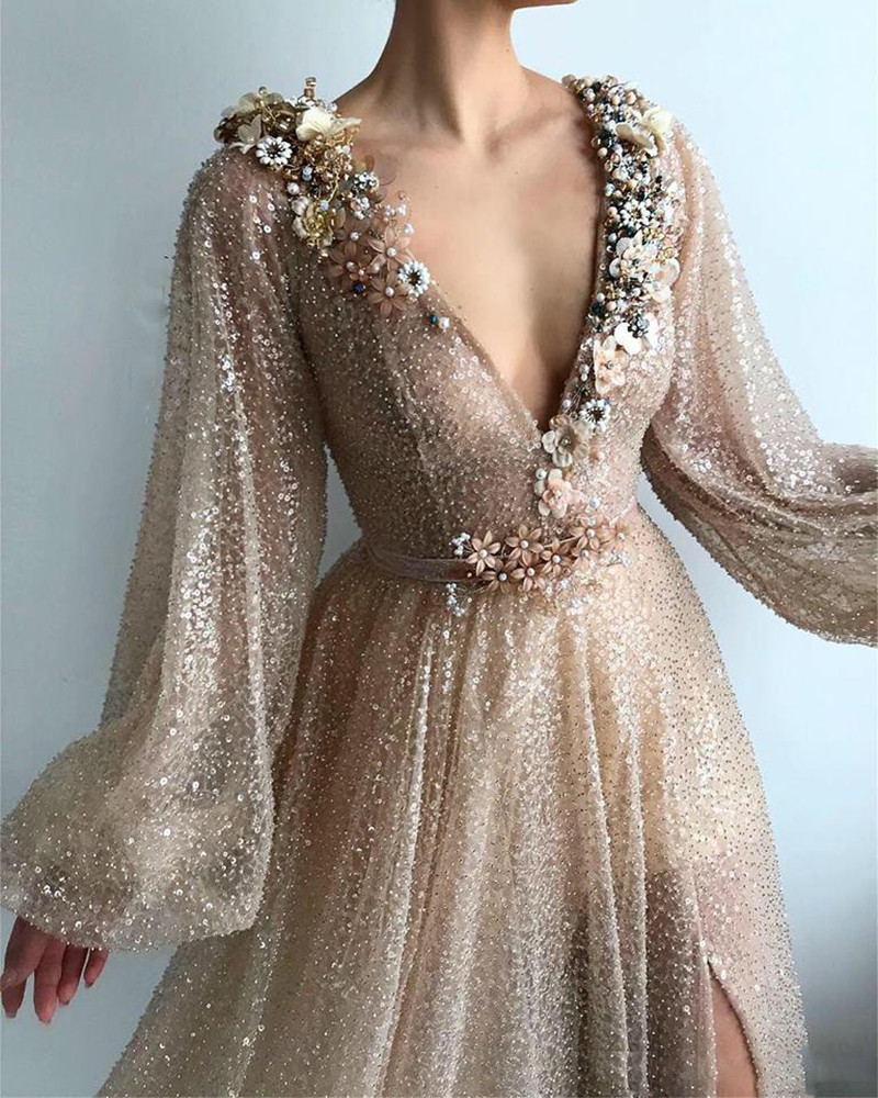 New Shiny Gold Sequins Tulle Prom Dresses Long Sleeve V Neck Sexy Split Formal Evening Party Gowns Abendkleider Cheap Custom Made