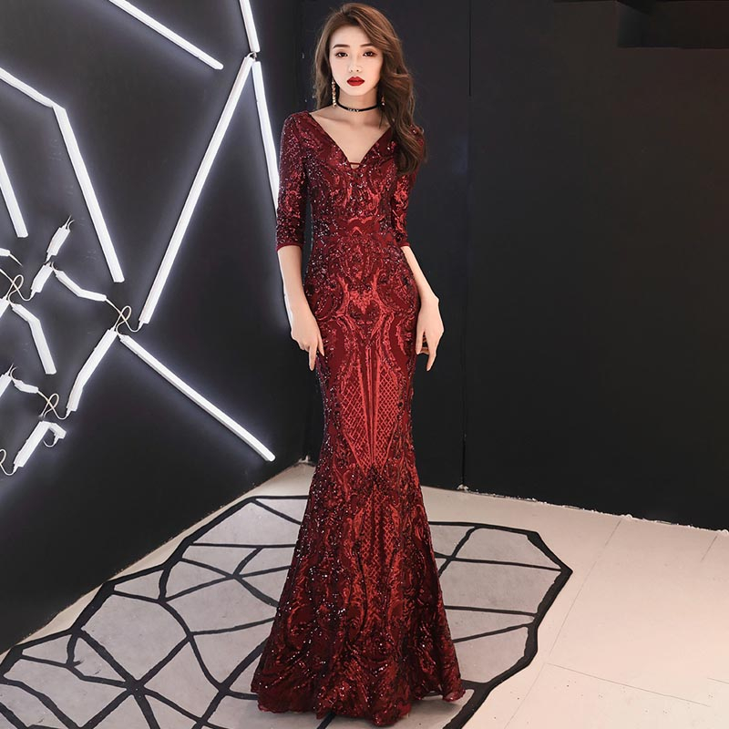 Wine Red Mermaid Chinese Evening Dress Deep V Neck Sequin Oriental Style Party Dresses Long Sexy Qipao Modern Women Wedding Gown
Wine Red Mermaid Chinese Evening Dress Deep V Neck Sequin Oriental Style Party Dresses Long Sexy Qipao Modern Women Wedding Gown
