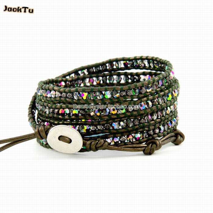 ABcrystal with gunmetal on brown leather 5 wrap bracelet