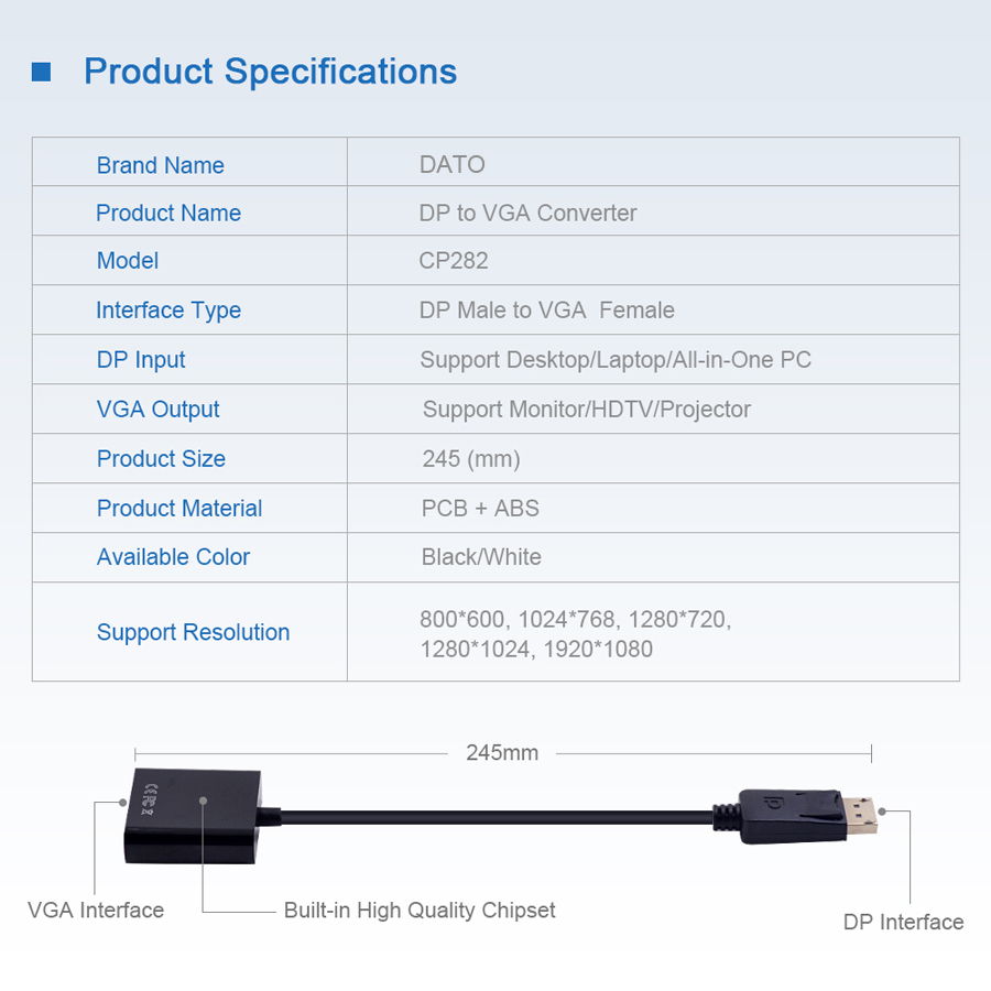 DisplayPort Display Port DP to VGA Adapter Cable Male to Female Converter for PC Computer Laptop HDTV Monitor Projector