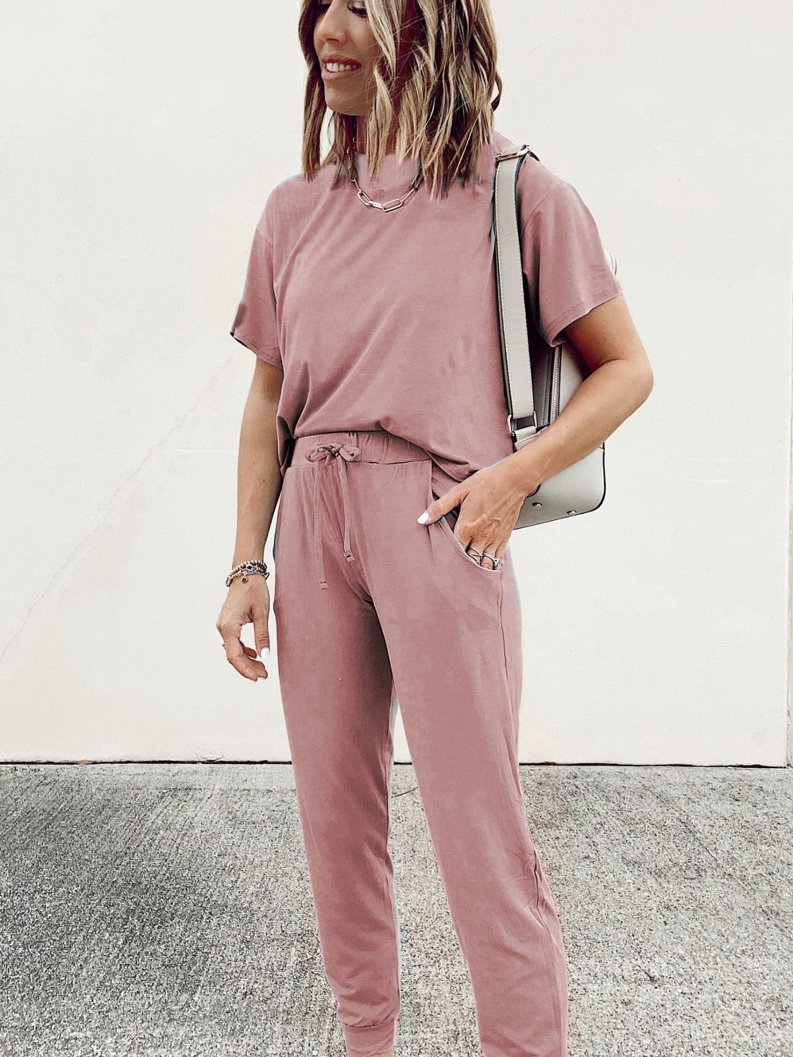 Women Tracksuits Set Lounge Wear Short Sleeve Tops and Long Pants Sweat Suits Elastic Waist Casual Solid Outfits 2 Pieces Set T200808