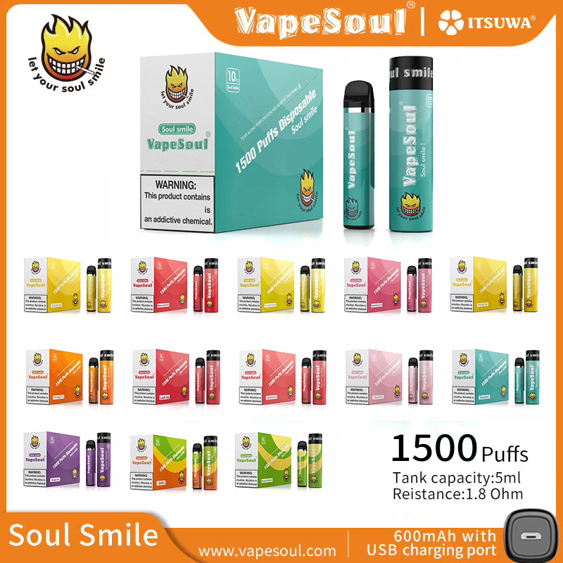 100% Original Vapesoul Vape Smile Disposable Device 600mAh Rechargeable Battery 5.0ml Pod 1500 Puffs Disposable Pen 13 Colors E Cigarettes
100% Original Vapesoul Vape Smile Disposable Device 600mAh Rechargeable Battery 5.0ml Pod 1500 Puffs Disposable Pen 13 Colors E Cigarettes