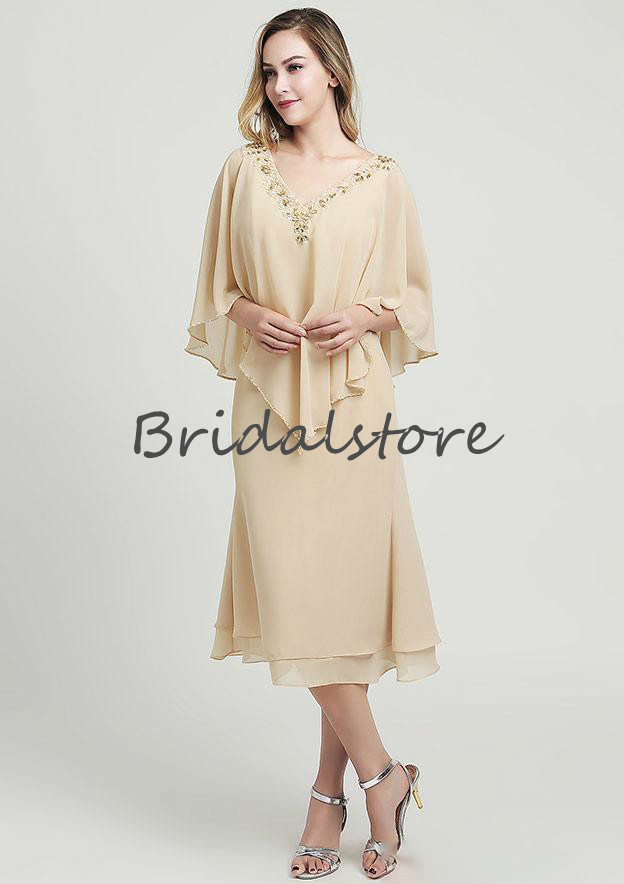 Best Champagne Mother Of The Bride Dresses With Caped Sexy V Neck Beaded Tea Length Chiffon Short Mom Formal Party Skirts 2020 Cheap