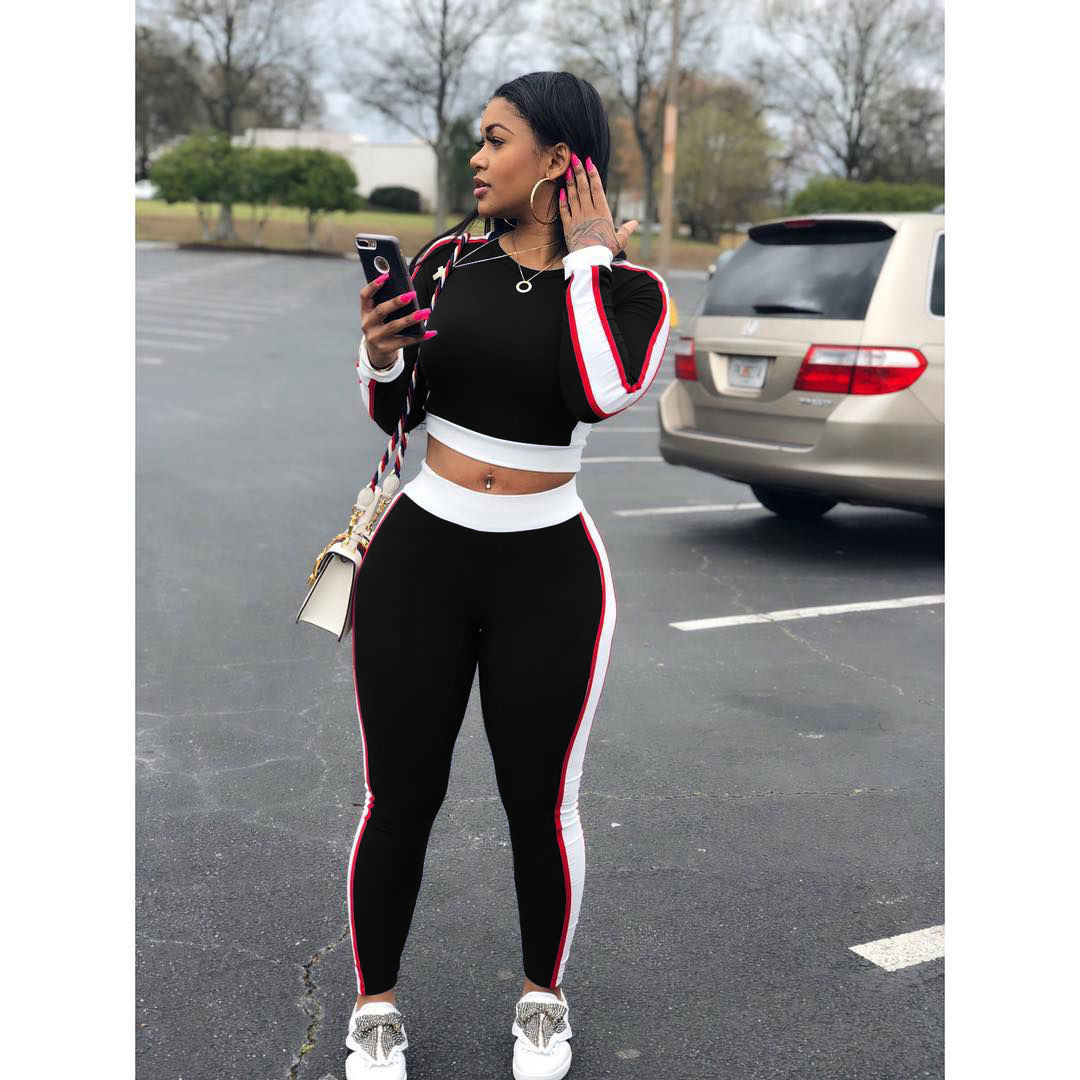 Women Sport Style Clothing Sets Womens Casual Sexy Stitching Active Sports Suits Fashion Two Pieces Sets Female Long Sleeve Tshirts + Pants