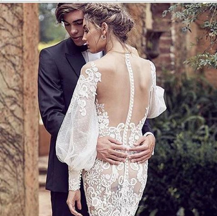 Long Mermaid Dresses Lace Appliques Jewel Neck Satin Sexy See Through Formal Bridal Gowns Wedding Dress Vestidos De Marriage 0914