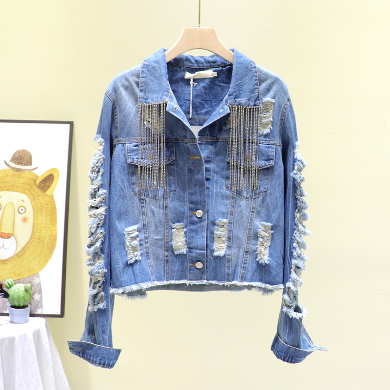 Short Hole Ripped Jeans Coat Women' 2020 Autumn New Korean-Style Heavy Industry Lettered Tassel Jacke Women' Denim Shirt Coat, As picture
Short Hole Ripped Jeans Coat Women' 2020 Autumn New Korean-Style Heavy Industry Lettered Tassel Jacke Women' Denim Shirt Coat, As picture