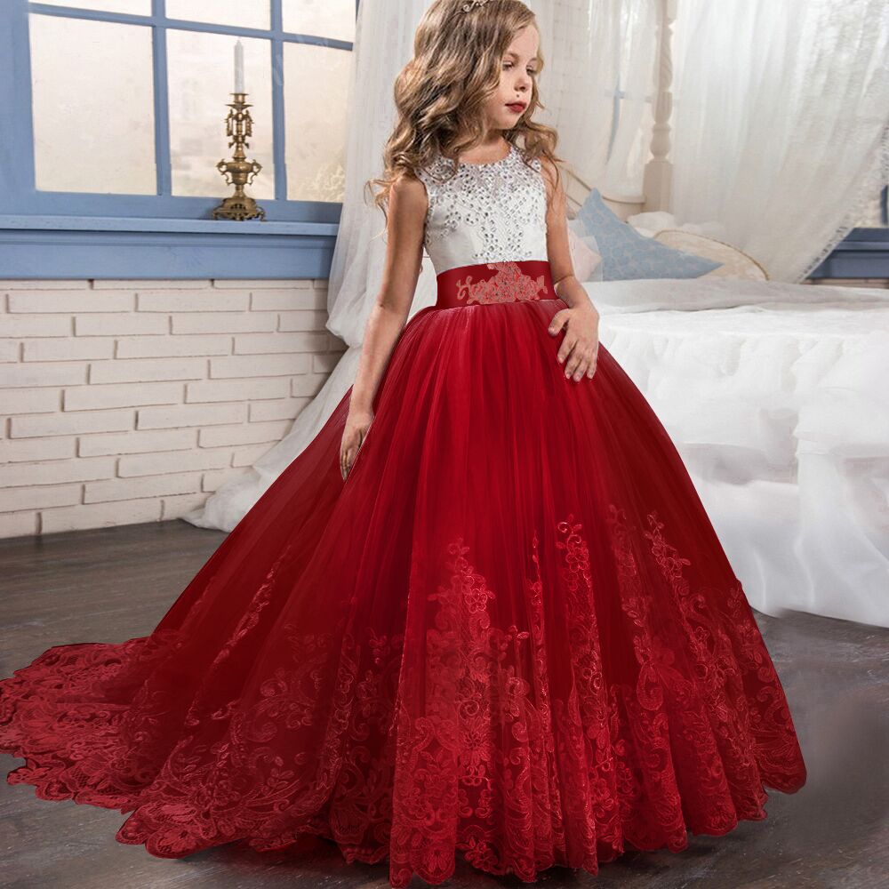 Kids Girls Party Wedding Princess Evening Gown Dresses Bithday Gift Pageant Dress Lace Appliques Back to school uniform 0508