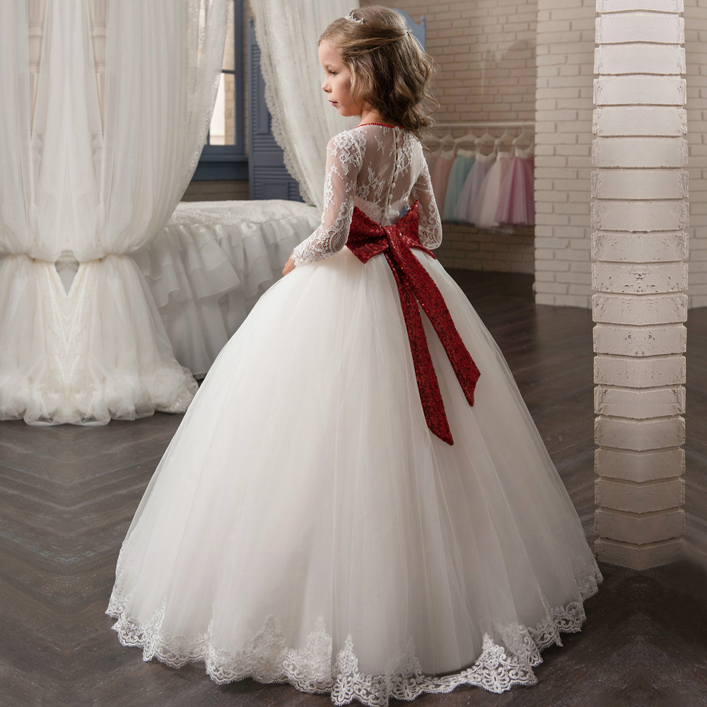 Cute Puffy Tulle Lace Flower Girl Dresses For Weddings Long Sleeves Sequin Bow Sash Ball Gowns Birthday Party Dresses Kids Formal Wear