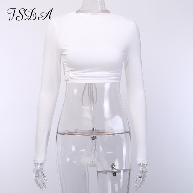 FSDA O Neck Long Sleeve Crop Top Women Sexy Backless Summer White Black Top Bandage Casual T Shirt Ladies