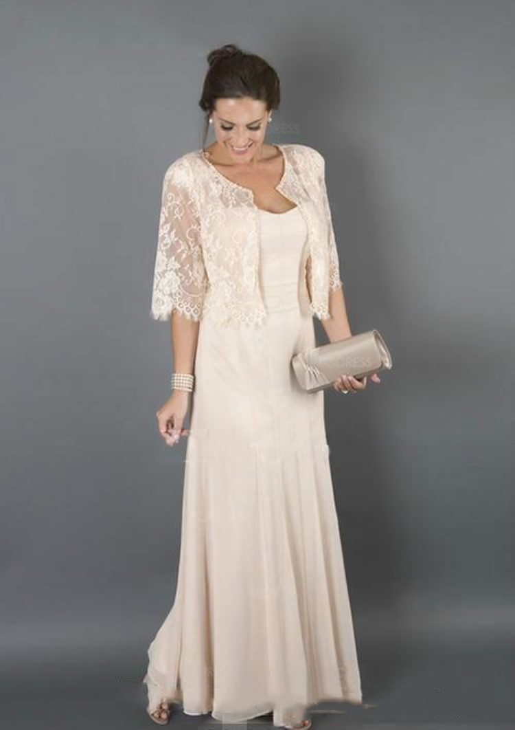 Graceful Mother Of The Bride Dresses With Lace Jacket Suits Cap Sleeves Chiffon Long Wedding Guest Two pieces Groom Mom Prom Party Dress Plus Size