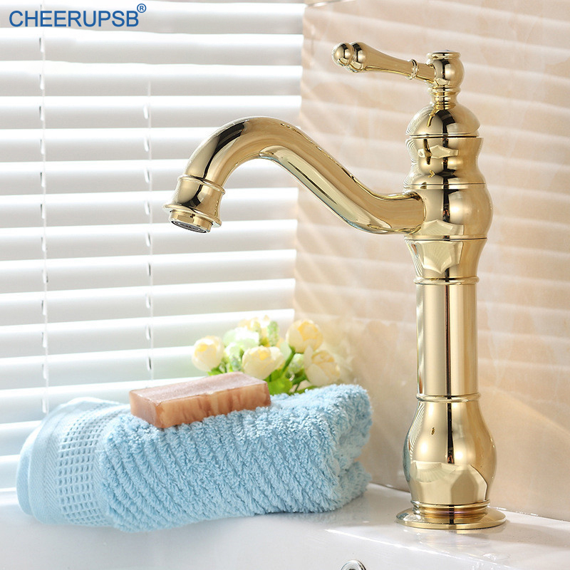 

Gold Basin Faucet Single Handle Deck Mounted Bathroom Tap Hot Cold Water Mixer Faucets Washbasin Luxury Rotatable Brass Taps