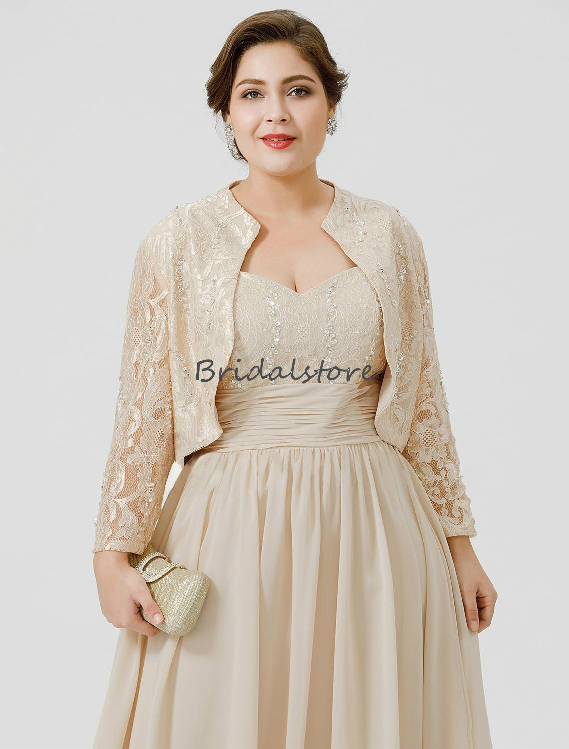 Plus Size Two Piece Mother Of The Bride Dresses Outfits Champagne A Line Ankle Length Chiffon Lace Beaded Mom Evening Dress With Jacket
