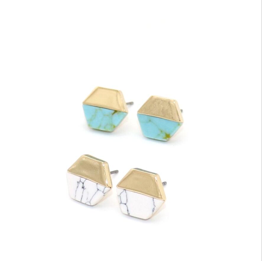 

Fashion Gold Color hexagon White Green Turquoise Marble earrings Natural Stone kallaite Stud Earrings Jewelry For Women