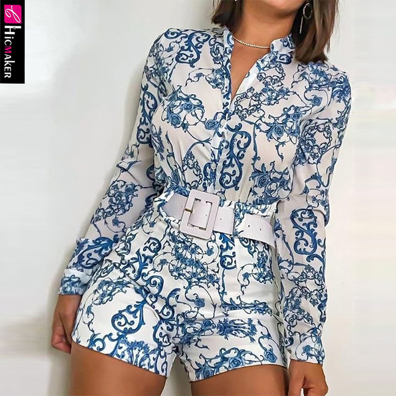 Print V-neck Long Sleeve Casual Top & Short Set Women Two Piece Outfits T200808