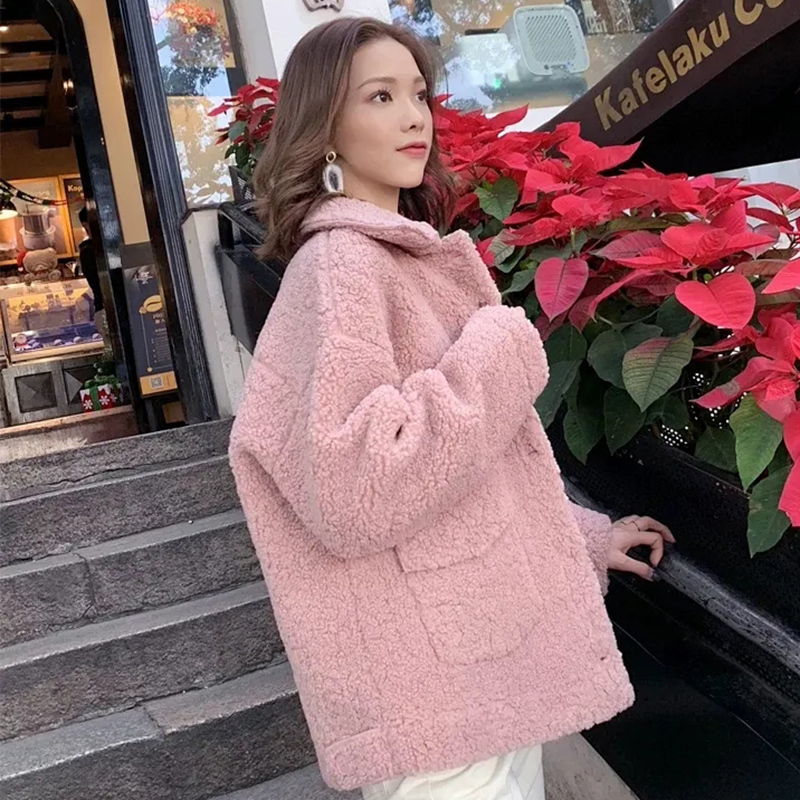 Women fur jacket thick warm faux cashmere two pockets furry jackets casual faux fur turndown collar female winter styled coat