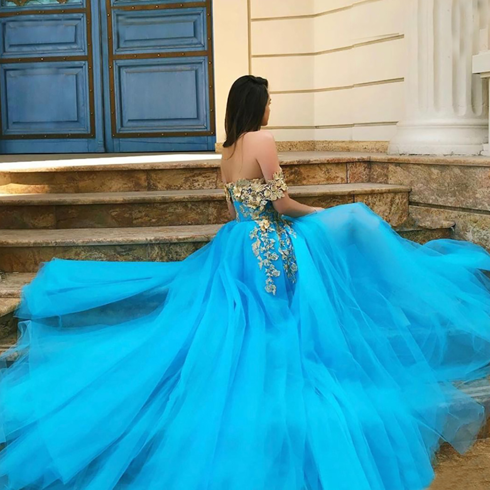 Blue Muslim Evening Dresses Lace Off the Shoulder High Slit Tulle Islamic Dubai Kaftan Saudi Arabic Long Evening Gown Prom