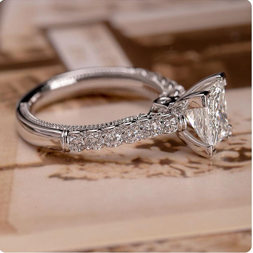 US Size 6-10 Sparkling Luxury Jewelry 925 Sterling Silver Radiant Cut White Topaz CZ Diamond Square Gemstones Party Women Wedding Band Ring