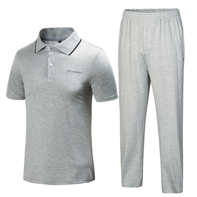 Casual large size men's sportswear suit summer thin section quality pants short sleeve lapel cotton T-shirt daddy two-piece suit, Gray
Casual large size men's sportswear suit summer thin section quality pants short sleeve lapel cotton T-shirt daddy two-piece suit, Gray
