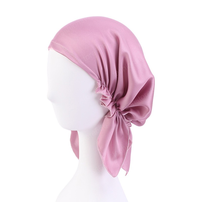 Satin Turban Muslim Women Beanie Elastic Bonnet Hair Loss Hat Head Scarf Chemo Sleeping Cap Hat Hair Care Nightcap Cover Solid