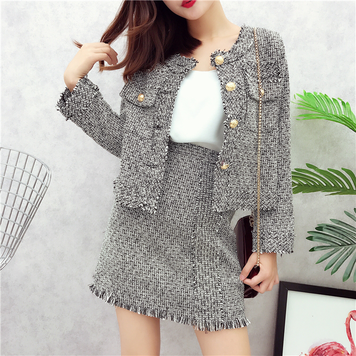 Tassel Jacket Asymmetrical Pearls Skirt Tweed Suit Runway Autumn Winter Women 2 Piece Set B4
