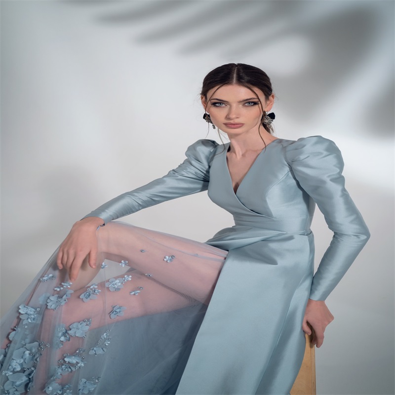 Papilio Light Sky Blue Party Dresses Ruched Satin Beads Appliqued Hand Made Flower Evening Dress Gorgeous Custom Made Hot Sale Party Gown
