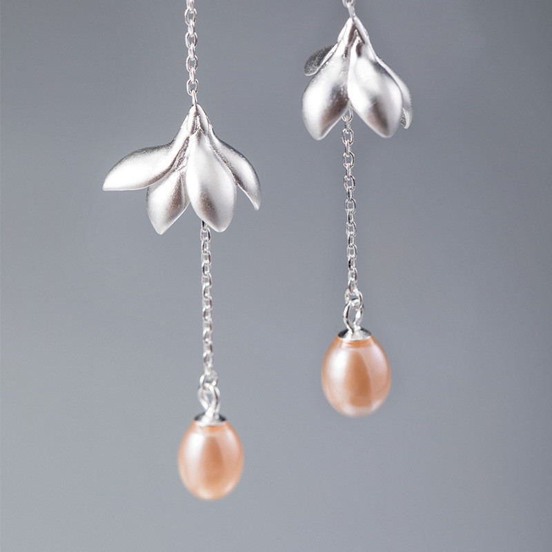 100% 925 Sterling Silver Long Chain Tassel Flower Earrings Female Natural Freshwater Pearl Dangle Drop Earring For Women