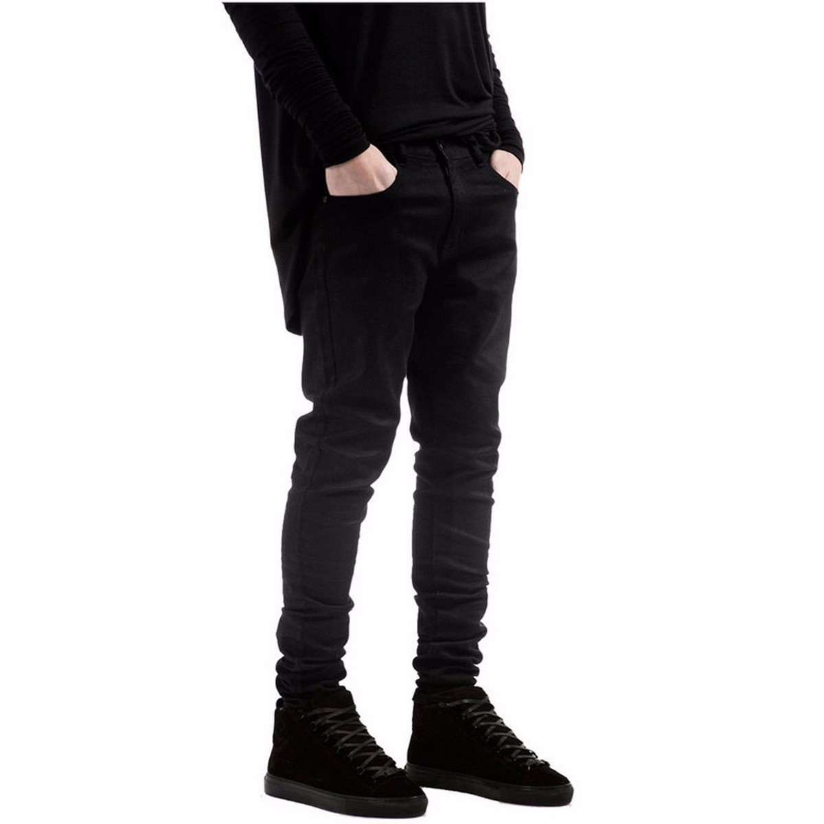 Denim Skinny All Black Slim Fit straight men solid color High street biker jeans MX200814