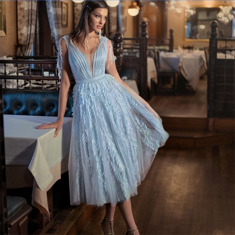 Papilio Light Sky Blue Party Dresses Leaf Appliqued Lace Sequins Sweep Train Evening Dress Sexy Backless Custom Made Party Gown Hot Sale