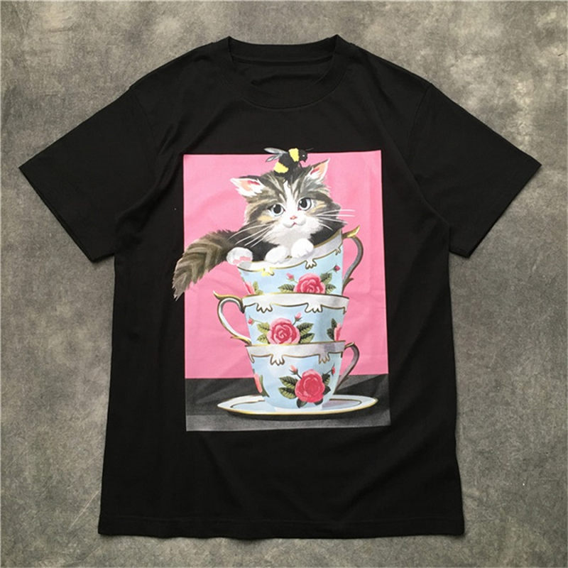 Street Fashion Mens T Shirt 2020 Cat teacup oil painting Polos Short Sleeve Shirts Men Women Style High Quality Hip Hop pullover Tee, White;black