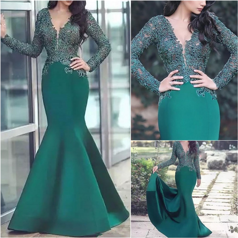 New Green Muslim Evening Dresses V-neck Mermaid Long Sleeves Lace Islamic Dubai Saudi Arabic Elegant Long Formal Evening Gown