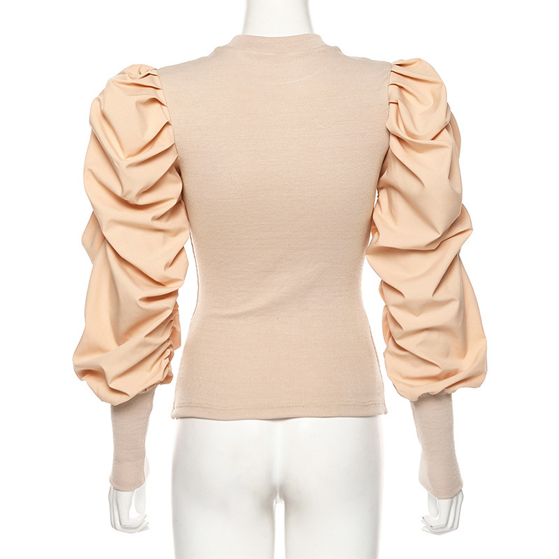 Joskaa Elegant Puff Long Sleeve Blouse Shirts Chic Patchwork Knitting Pullover Sweater Top Casual Streetwear Outfits Slim Blusas T200808