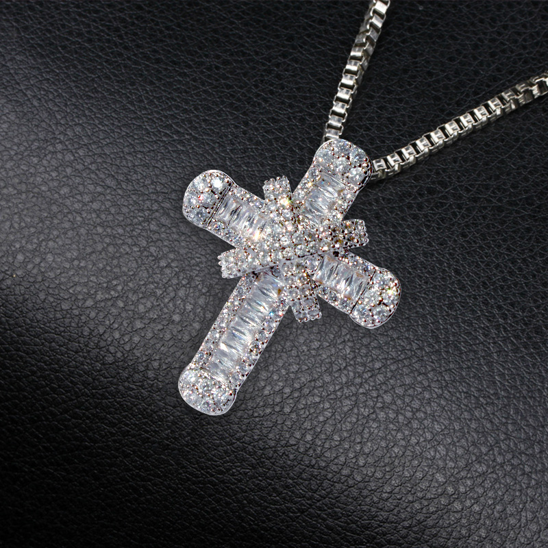 Sterg Sier Cross Pendant Necklace with White Sapphire CZ Dia for Women - Hip Hop Vintage Fashion Jewelry 491a