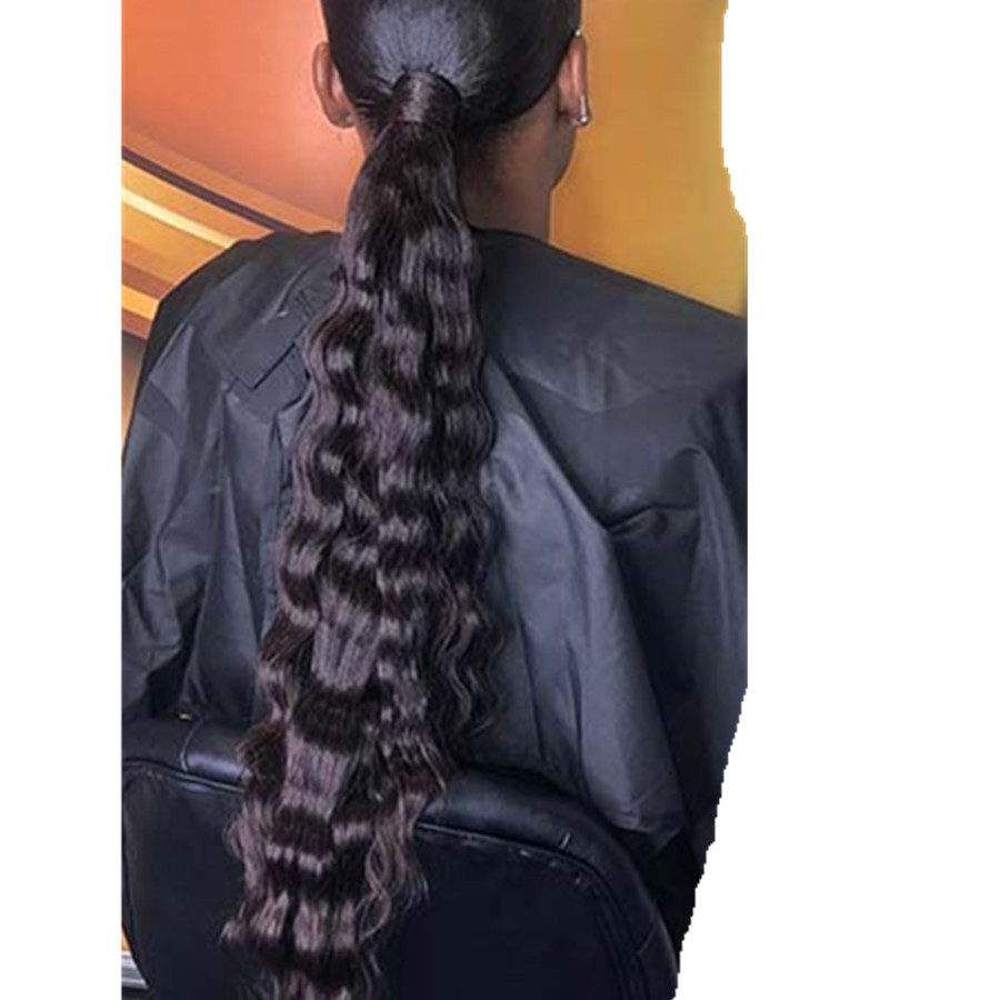 Jet black Real hair Long sleek 100% human hair ponytail deep wave women hair extension drawstring clip in 140g