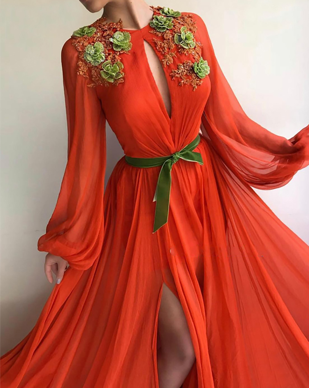 Evening Dresses Flowers Lace High Slit Chiffon Islamic Dubai Kaftan Saudi Arabic Long Sleeve Evening Gown Prom Dress