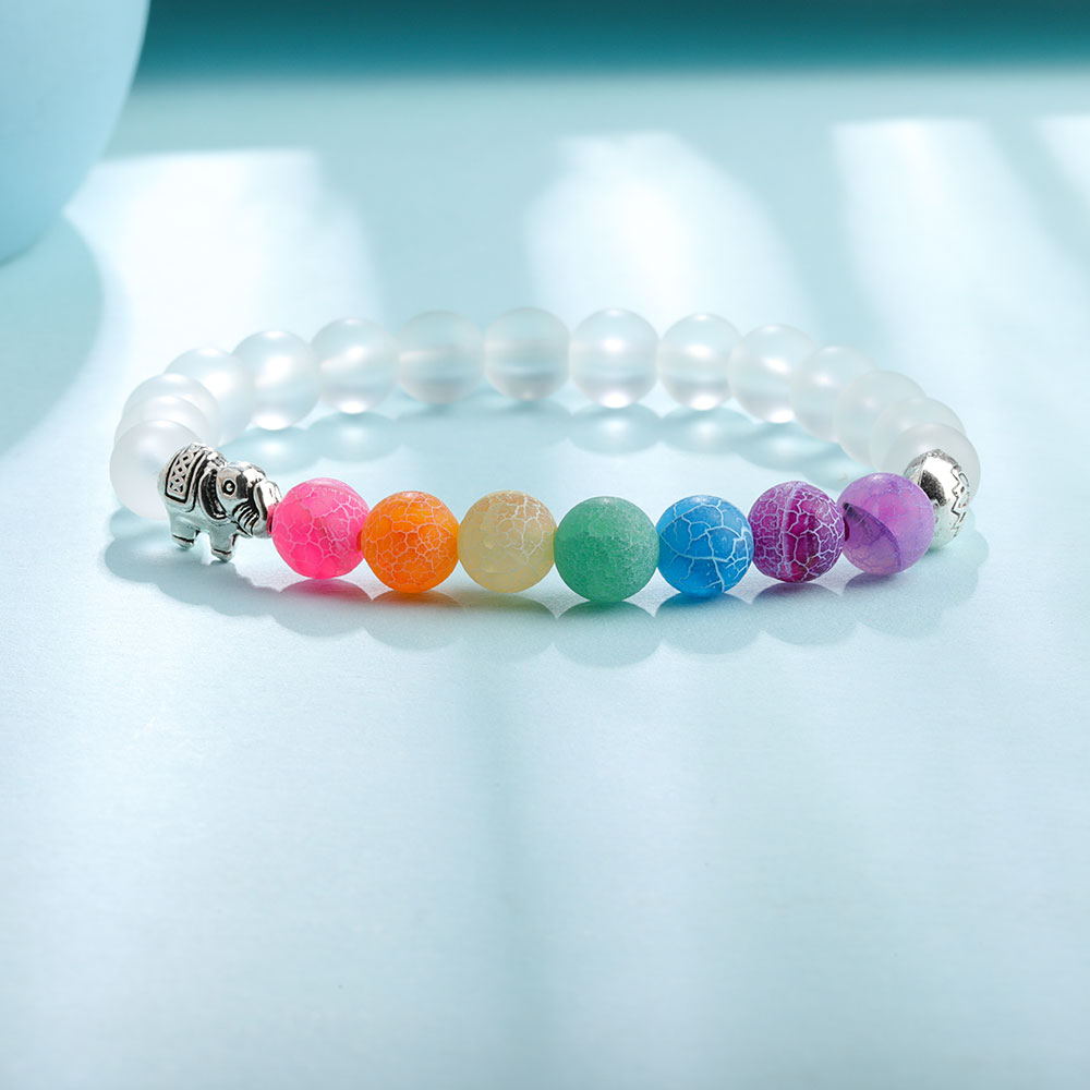 Men Women Elephant Charms 7 Chakra Bracelet Clear White Agate Colorful Wind Fossils Bead Bracelet Jewelry