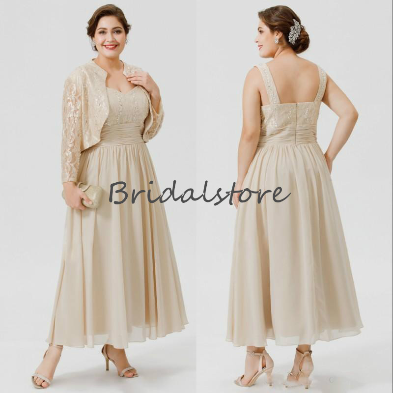 Plus Size Two Piece Mother Of The Bride Dresses Outfits Champagne A Line Ankle Length Chiffon Lace Beaded Mom Evening Dress With Jacket