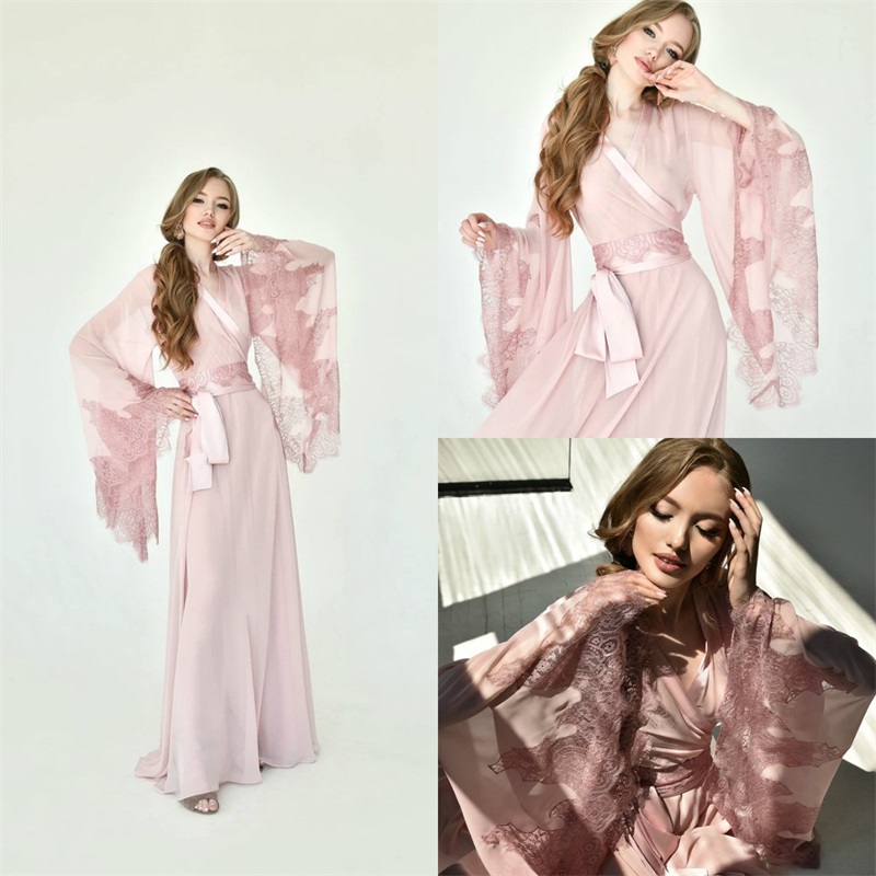 Newest Bride Sleepwear Lace Ruched Chiffon Robes Sash Night Gown Long Sleeves Sweep Train Custom Made Women Pajamas Hot Sale