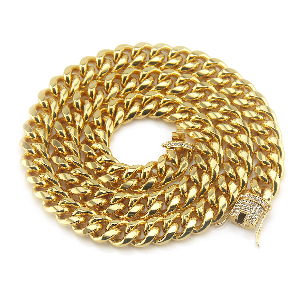 18k Gold Plated Tone Stainless Steel Mens Necklace Chains Curb Cuban Link Chain with Diamond Iced Out Keylock Buckle Hip Hop Fashi