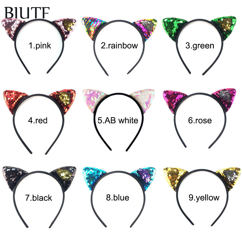 20pcs/lot Plastic Headband with 2.4'' Reversible Sequin Embroidery Ear Cat Fashion Hairband Hair Bow Accessories HB068 CX200819