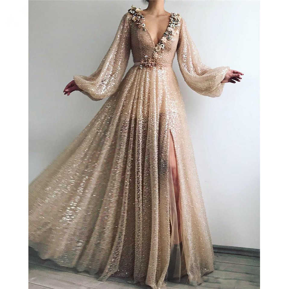 New Shiny Gold Sequins Tulle Prom Dresses Long Sleeve V Neck Sexy Split Formal Evening Party Gowns Abendkleider Cheap Custom Made